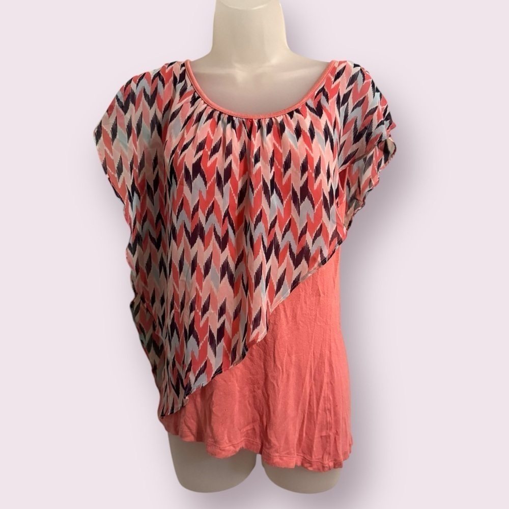 IZ Byer Pink Chiffon Layered Blouse Sheer Split Sleeve Top Size M